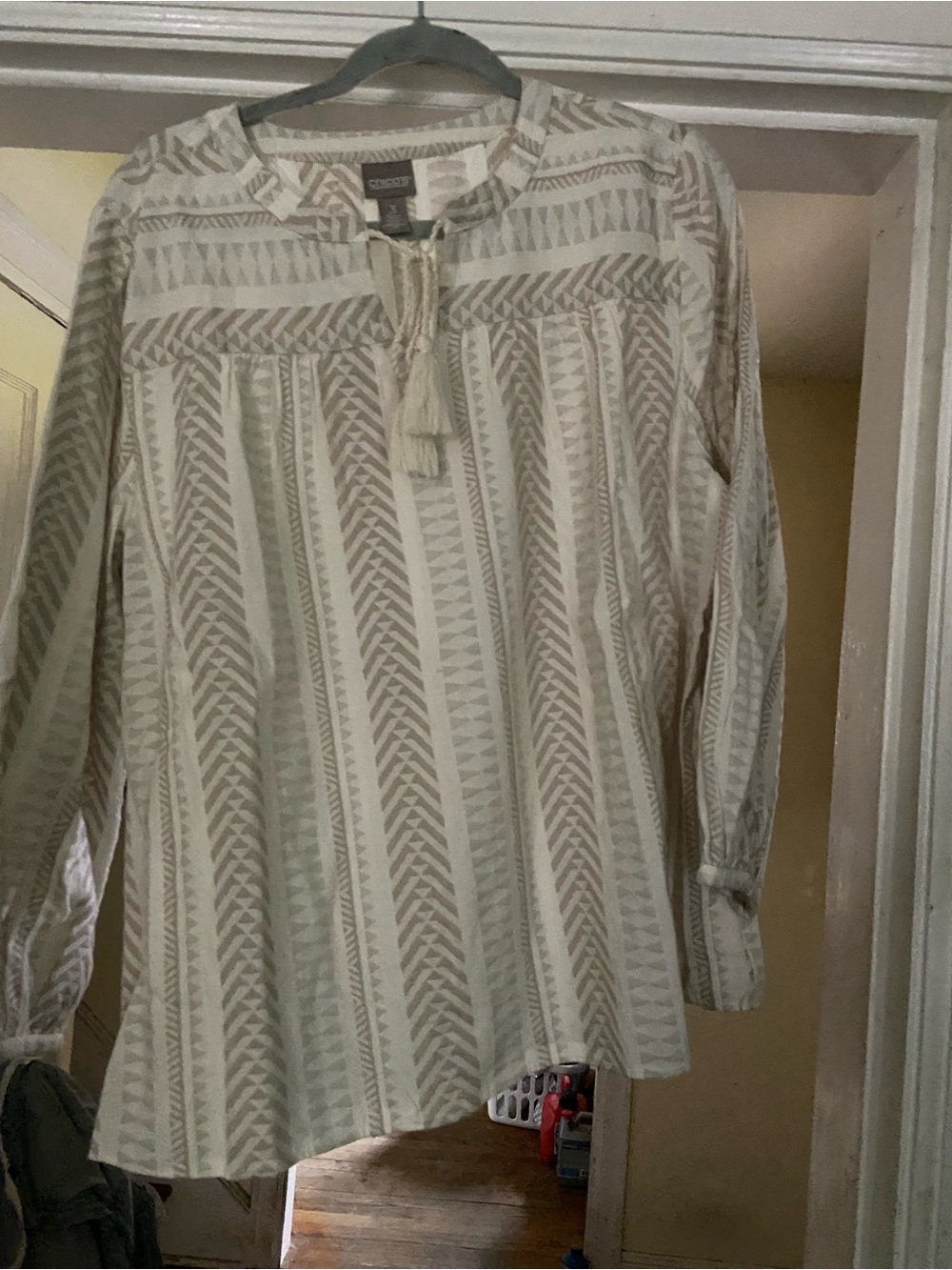 Chico's Cream and Taupe Tassel Peasant Top